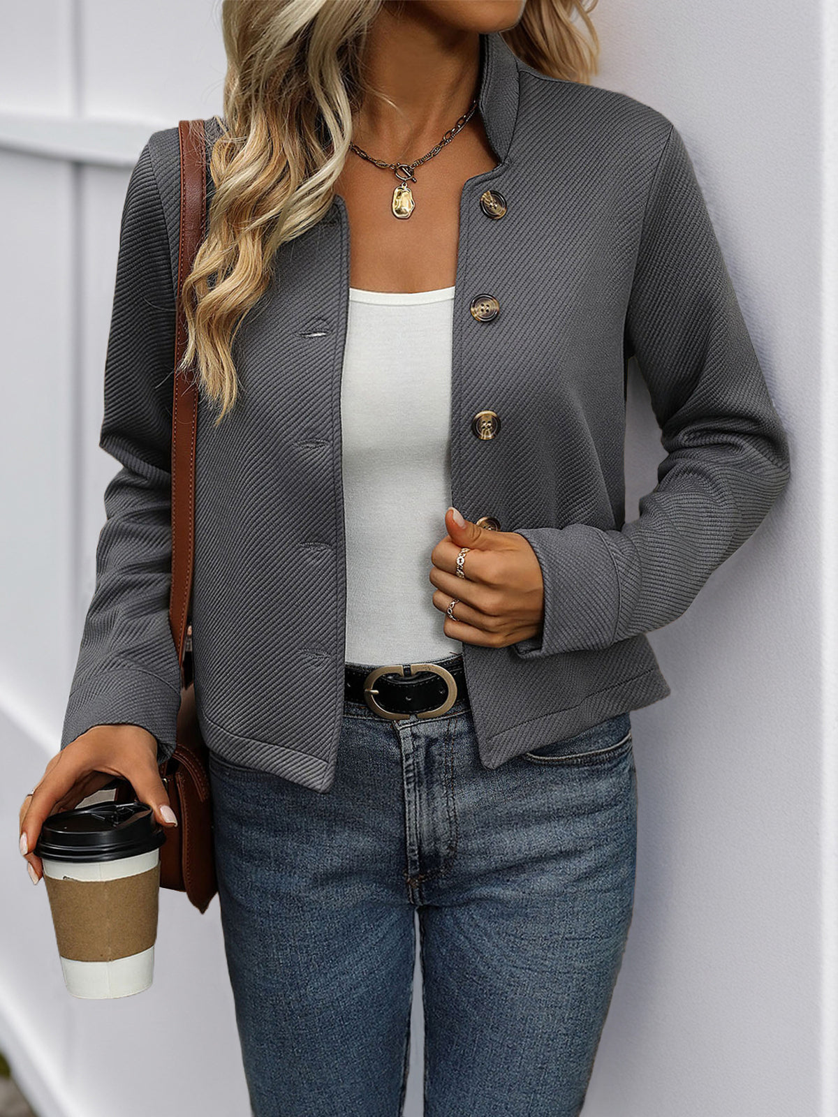 Stand Collar Cropped Button Front Jacket - Darkgrey