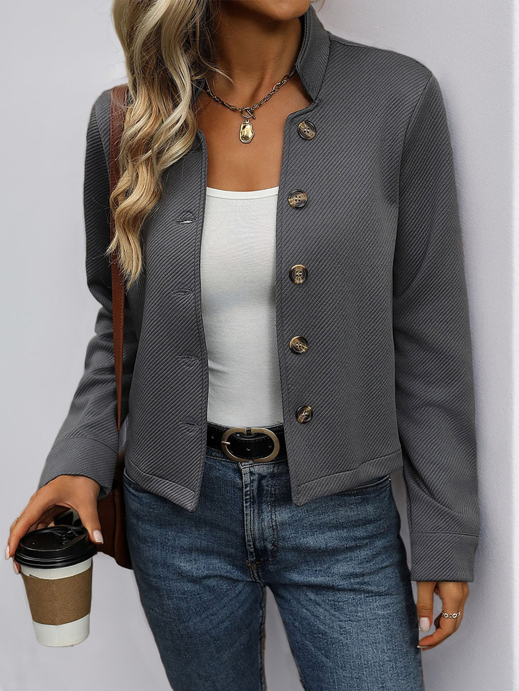 Stand Collar Cropped Button Front Jacket - Darkgrey - 1