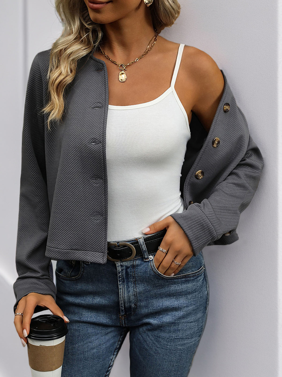 Stand Collar Cropped Button Front Jacket - Darkgrey - 3