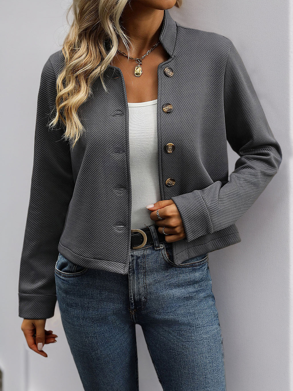 Stand Collar Cropped Button Front Jacket