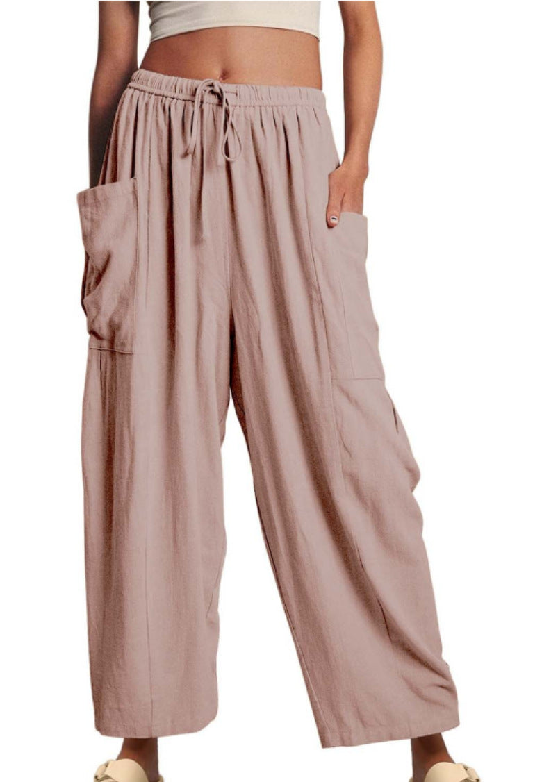 Balloon Wide Leg Lounge Pants With Pockets - Beige