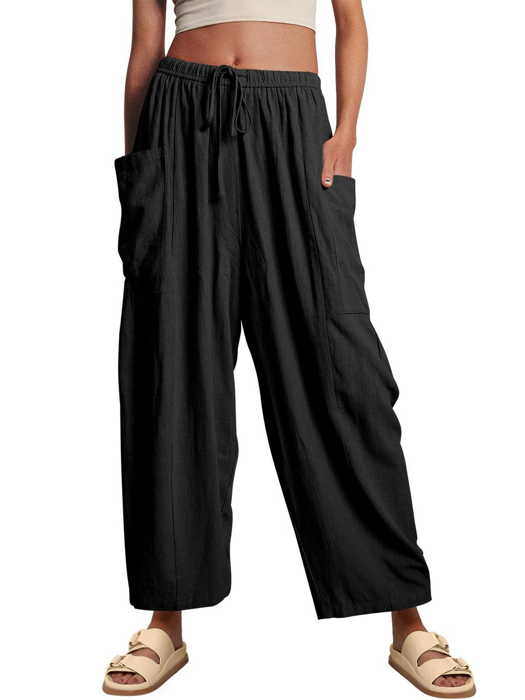Balloon Wide Leg Lounge Pants With Pockets - Black