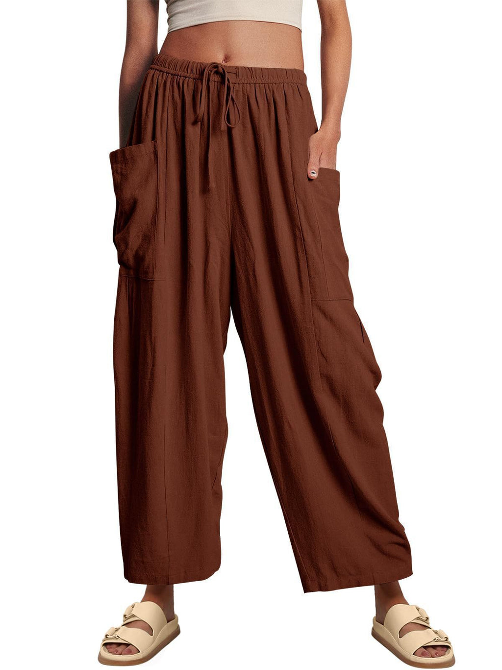Balloon Wide Leg Lounge Pants With Pockets - Coffee
