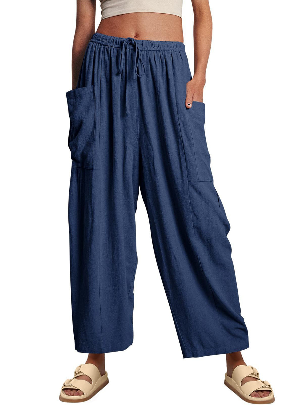 Balloon Wide Leg Lounge Pants With Pockets - DarkBlue
