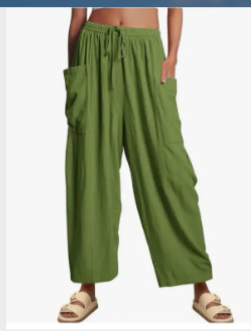 Balloon Wide Leg Lounge Pants With Pockets - GrassGreen