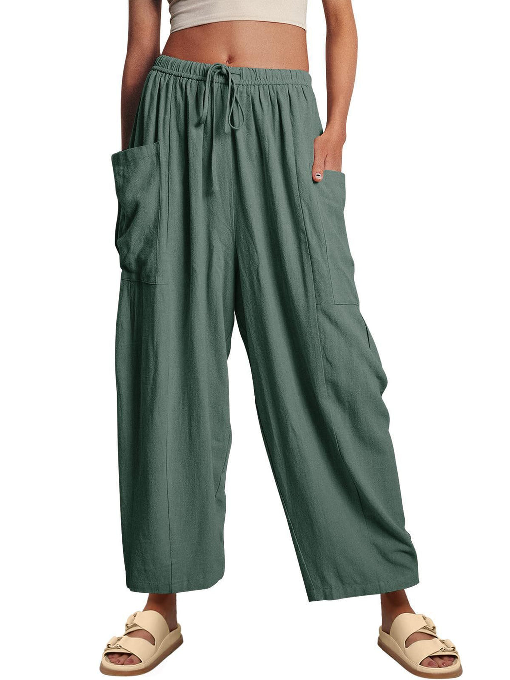 Balloon Wide Leg Lounge Pants With Pockets - Green