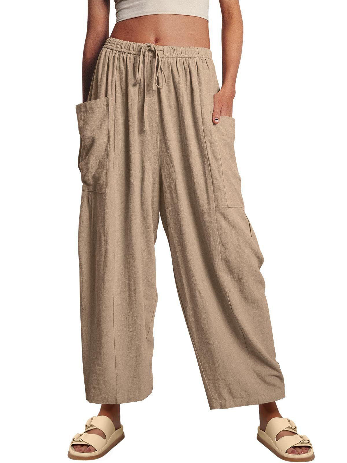 Balloon Wide Leg Lounge Pants With Pockets - Khaki