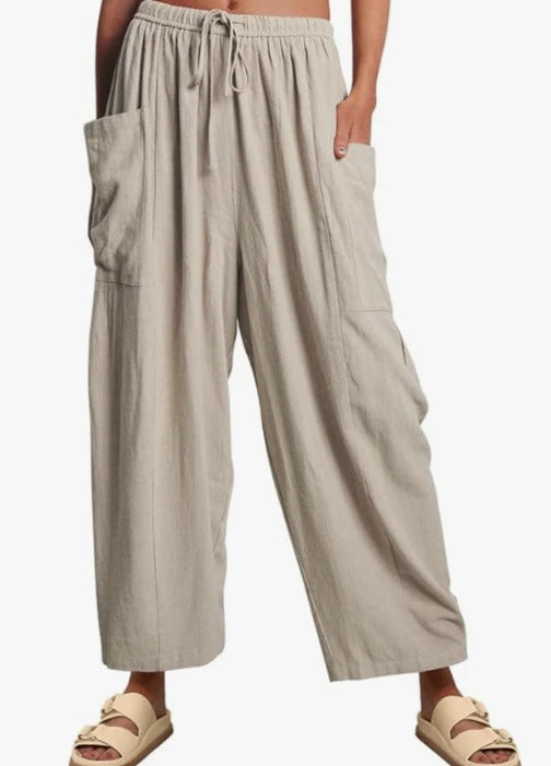 Balloon Wide Leg Lounge Pants With Pockets - LightGray