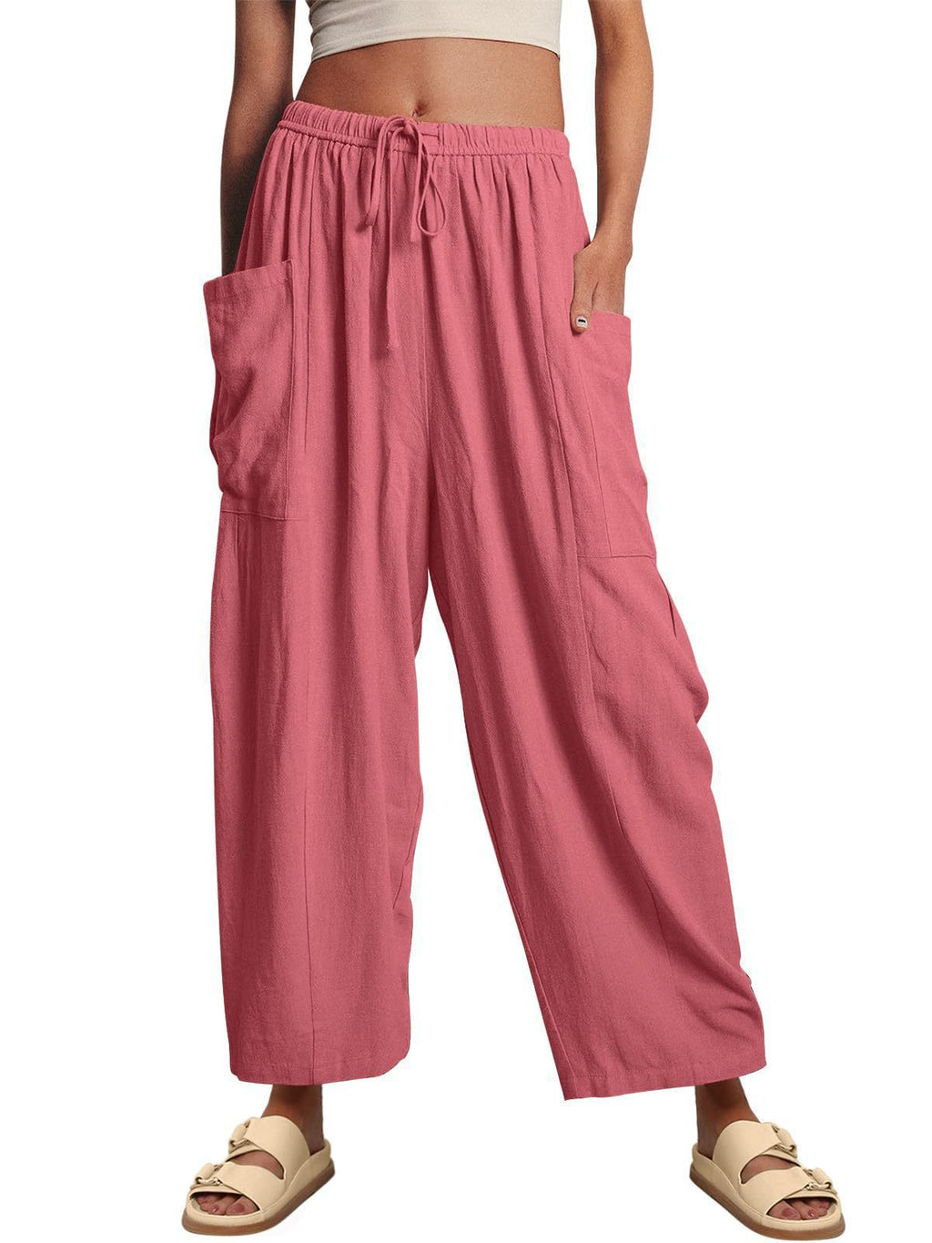 Balloon Wide Leg Lounge Pants With Pockets - Pink