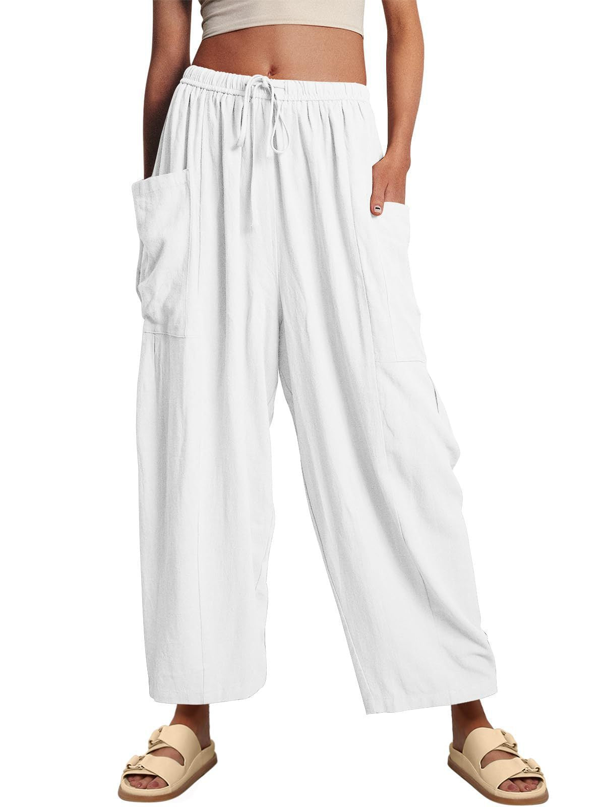 Balloon Wide Leg Lounge Pants With Pockets - White
