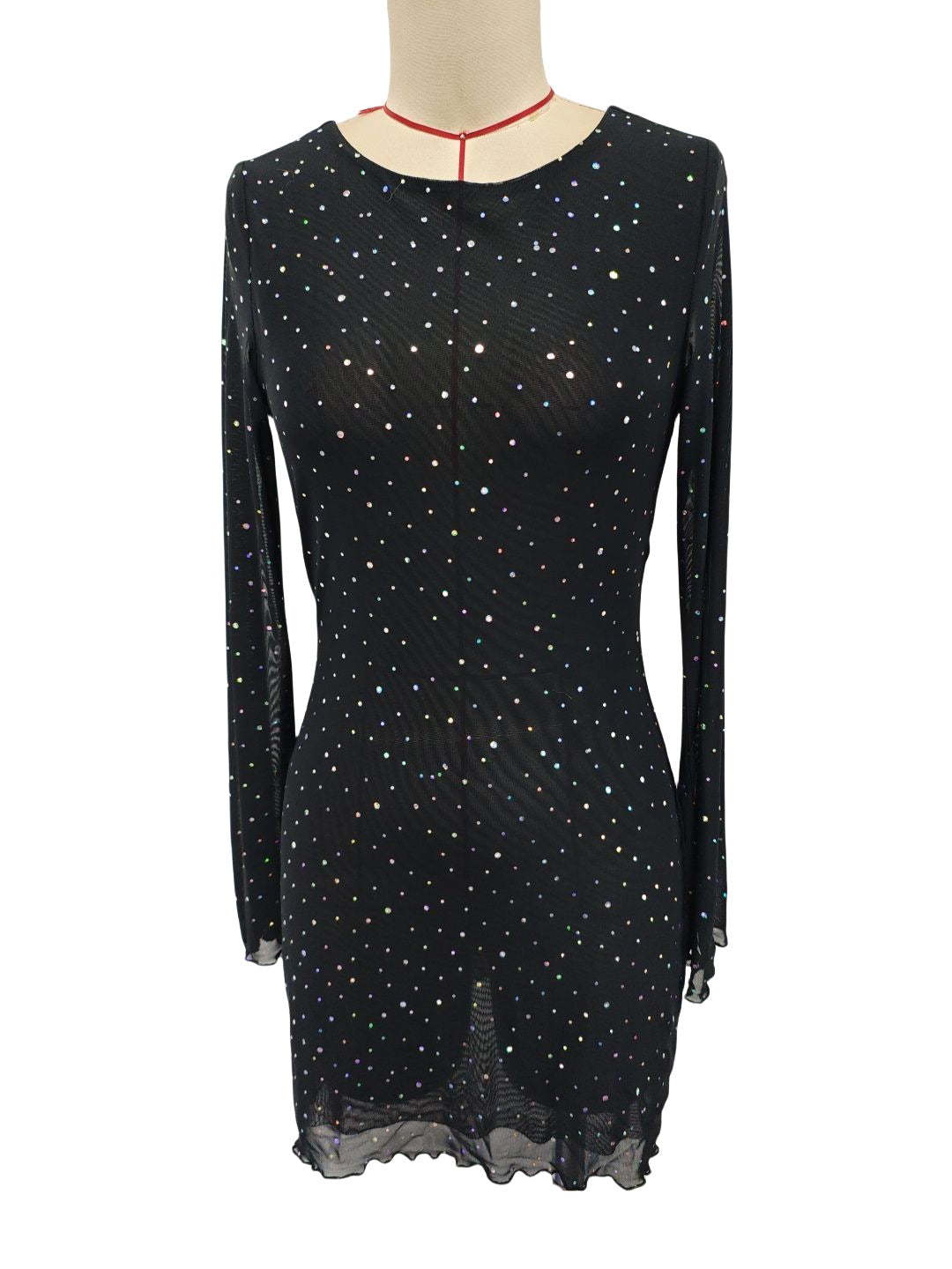 Glitter Mesh Backless Long Sleeve Mini Dress - Black