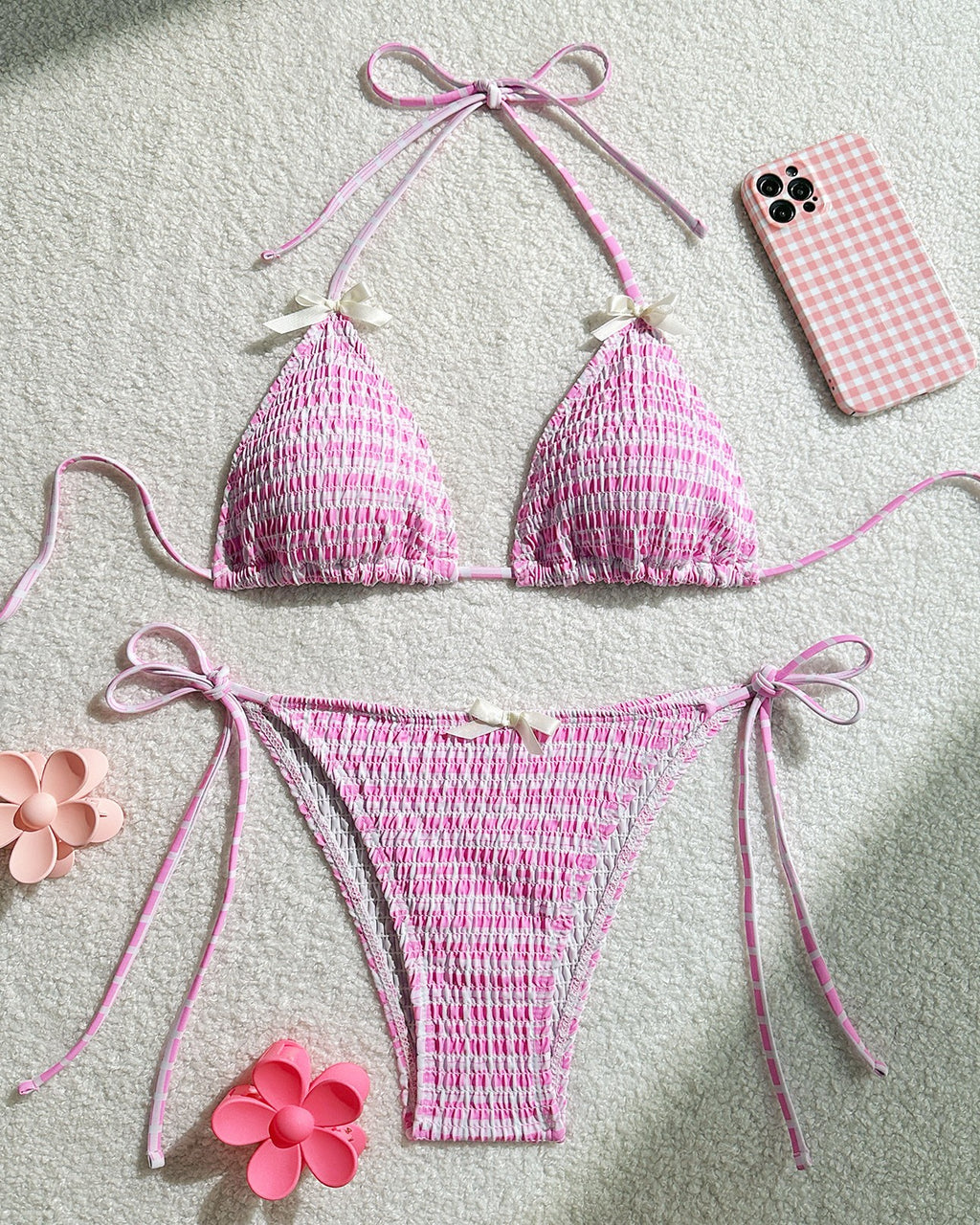 Striped Smocked Halter Bikini Set - Pink