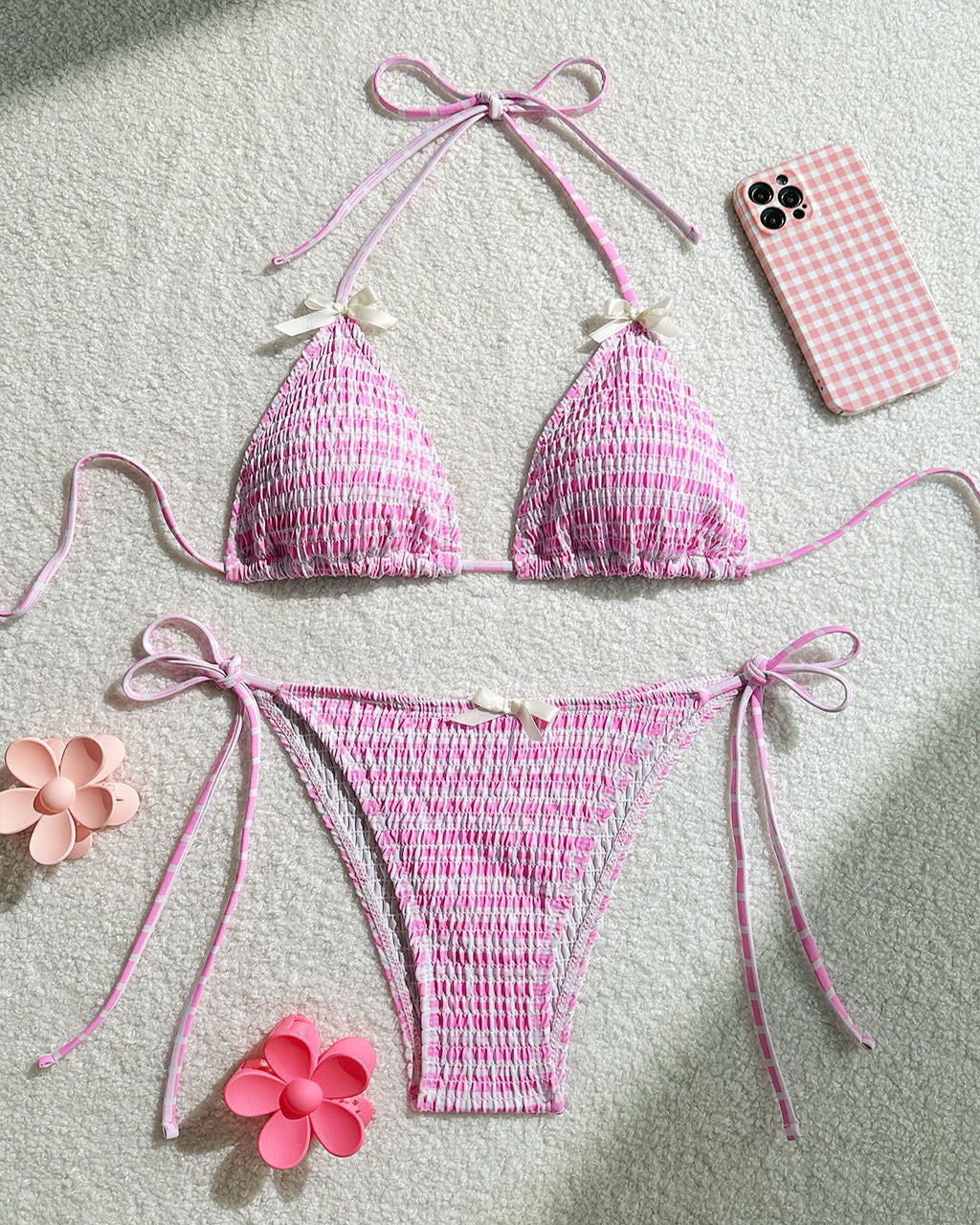 Striped Smocked Halter Bikini Set - Yellow