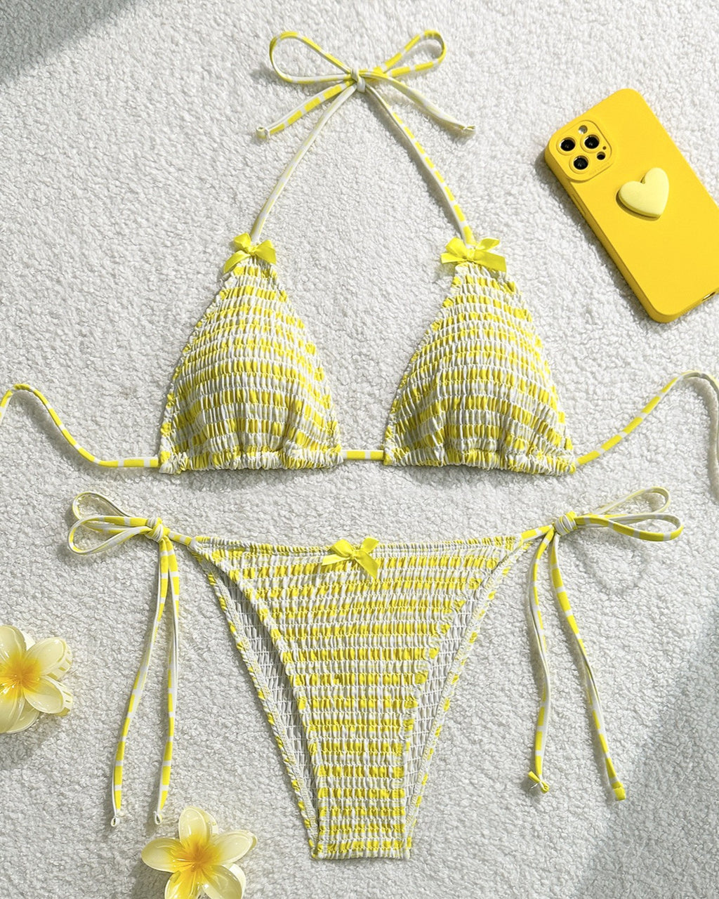 Striped Smocked Halter Bikini Set - Yellow - 1