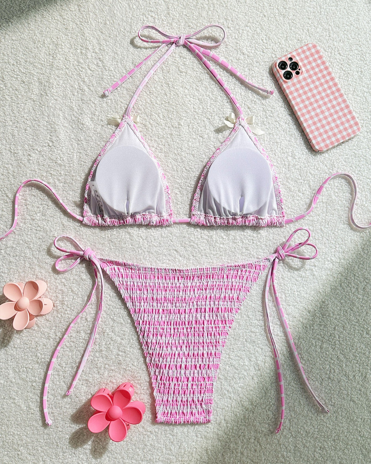 Striped Smocked Halter Bikini Set - Yellow - 2