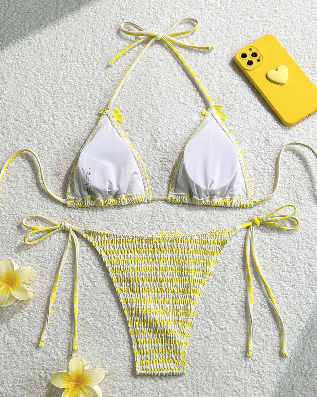 Striped Smocked Halter Bikini Set - Yellow - 5