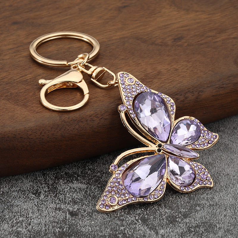 Sparkling Crystal Butterfly Bag Charm Keychain - Purple