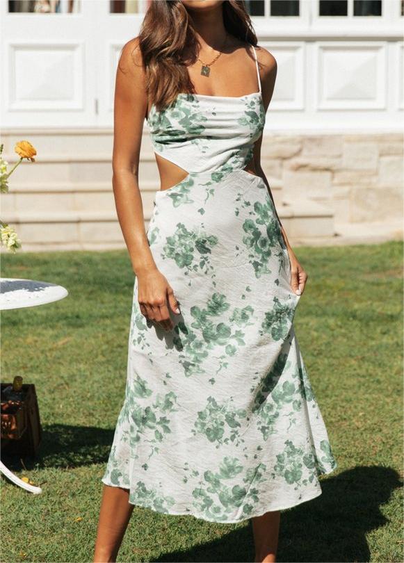 Side Cutout Floral Satin Midi Dress - Green flowers