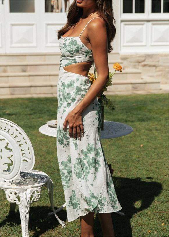 Side Cutout Floral Satin Midi Dress - Green flowers - 1