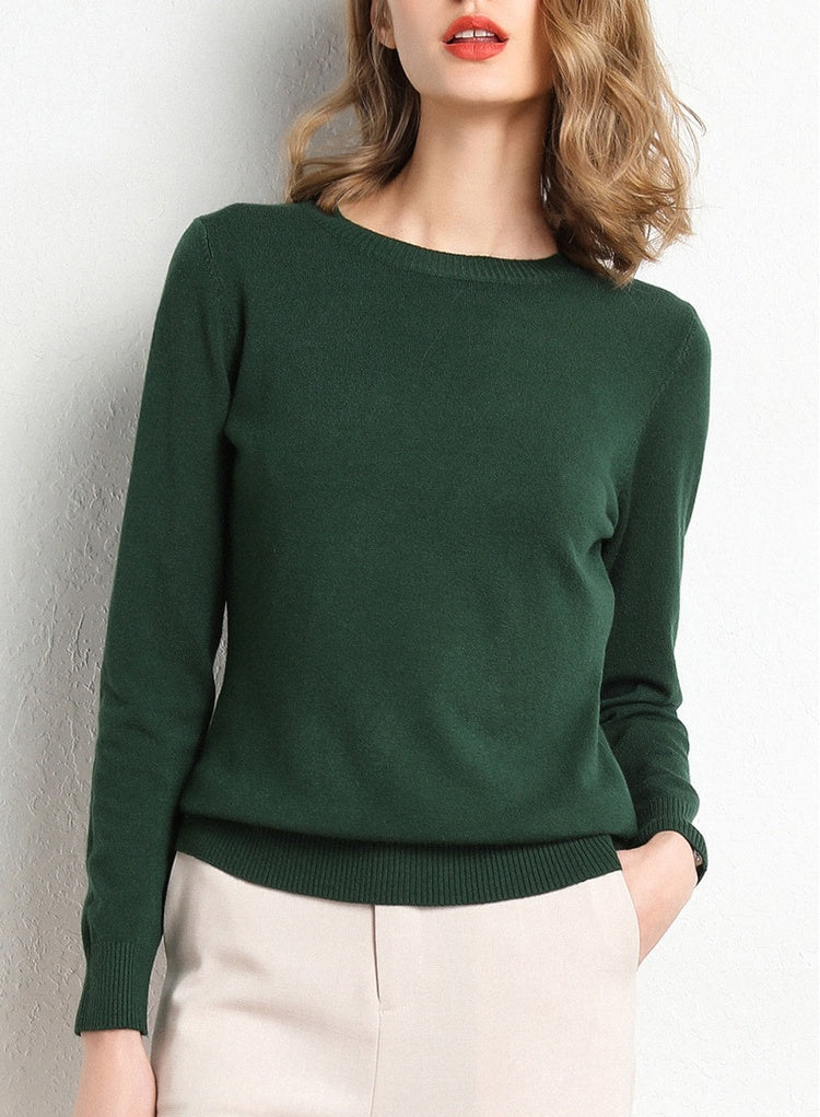 Fine Knit Round Neck Pullover Sweater - DarkGreen