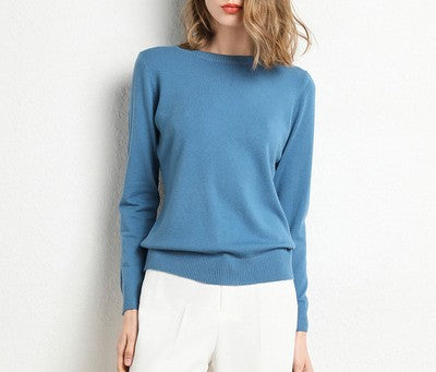 Fine Knit Round Neck Pullover Sweater - MistBlue