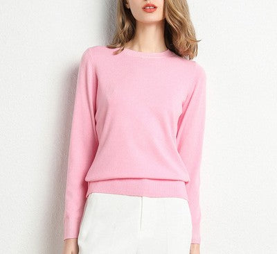Fine Knit Round Neck Pullover Sweater - Pink