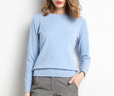 Fine Knit Round Neck Pullover Sweater - SkyBlue
