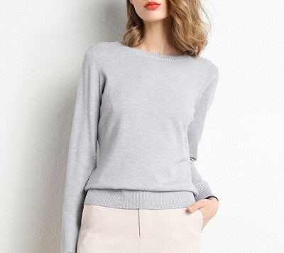 Fine Knit Round Neck Pullover Sweater - grey