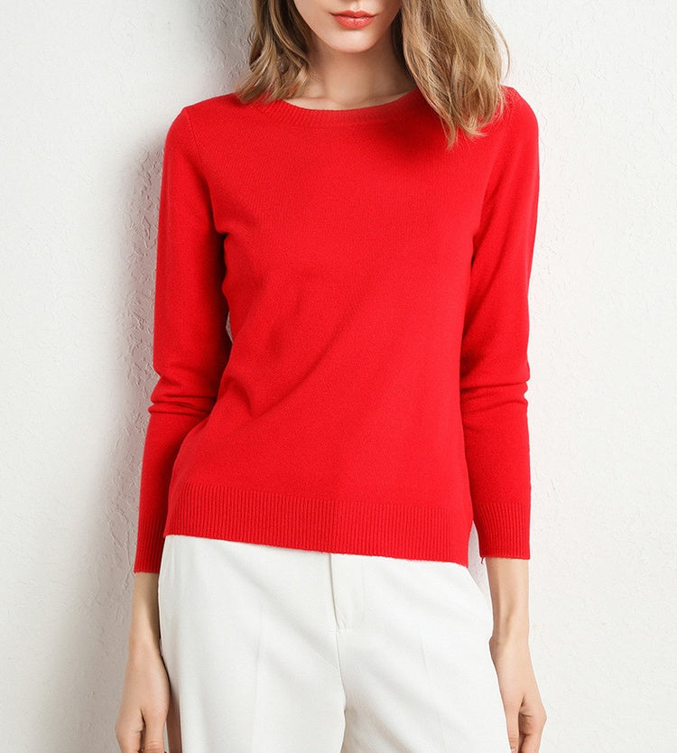 Fine Knit Round Neck Pullover Sweater - red