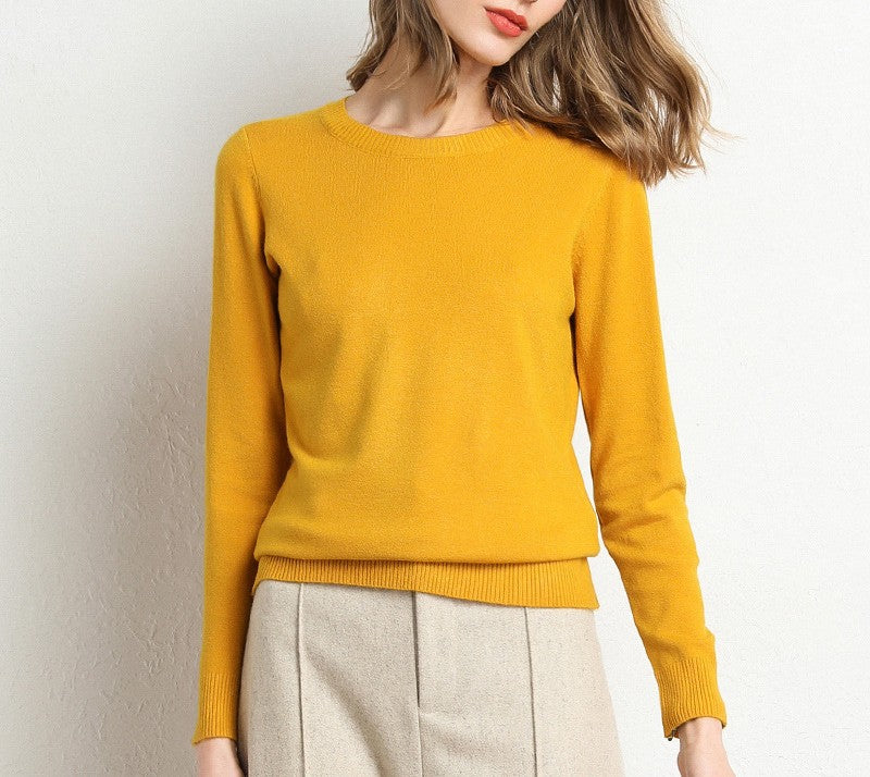 Fine Knit Round Neck Pullover Sweater - turmeric