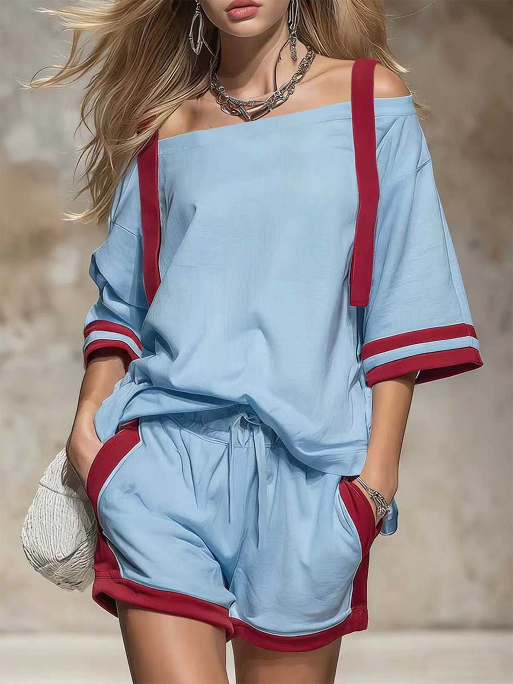 Varsity Stripe Off Shoulder Lounge Set - Blue