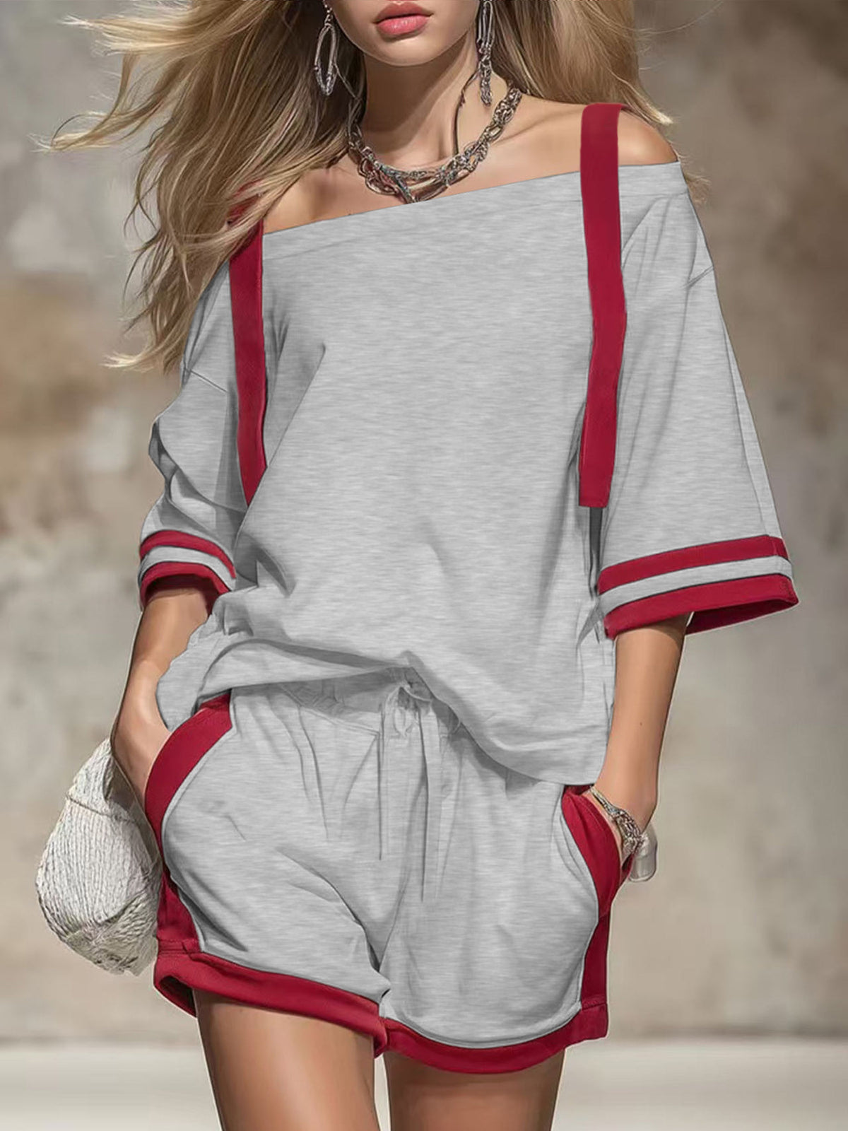 Varsity Stripe Off Shoulder Lounge Set - Gray