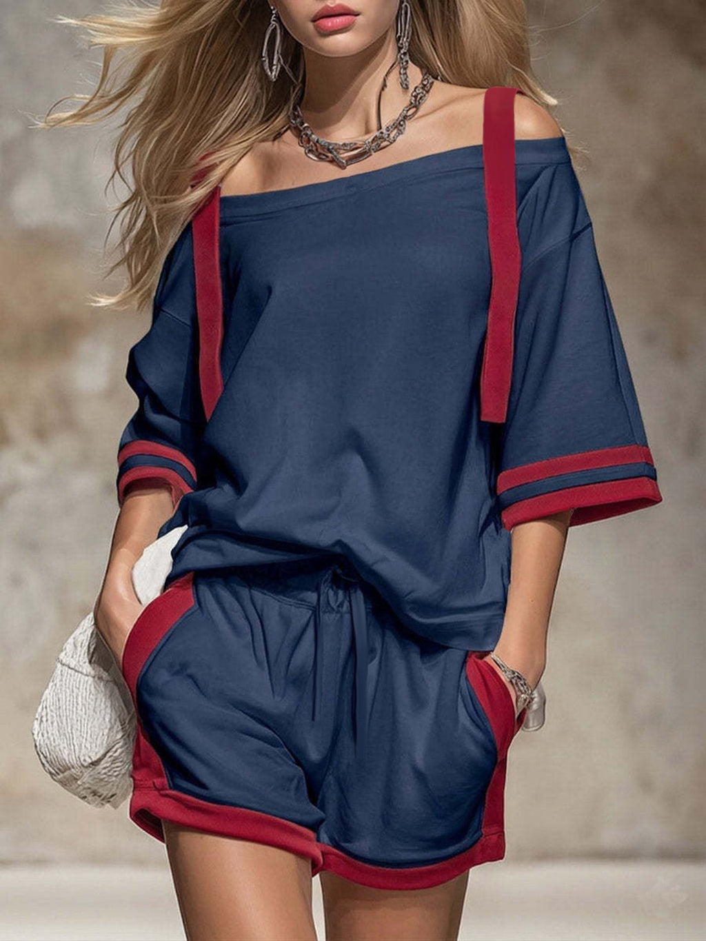 Varsity Stripe Off Shoulder Lounge Set - Navy