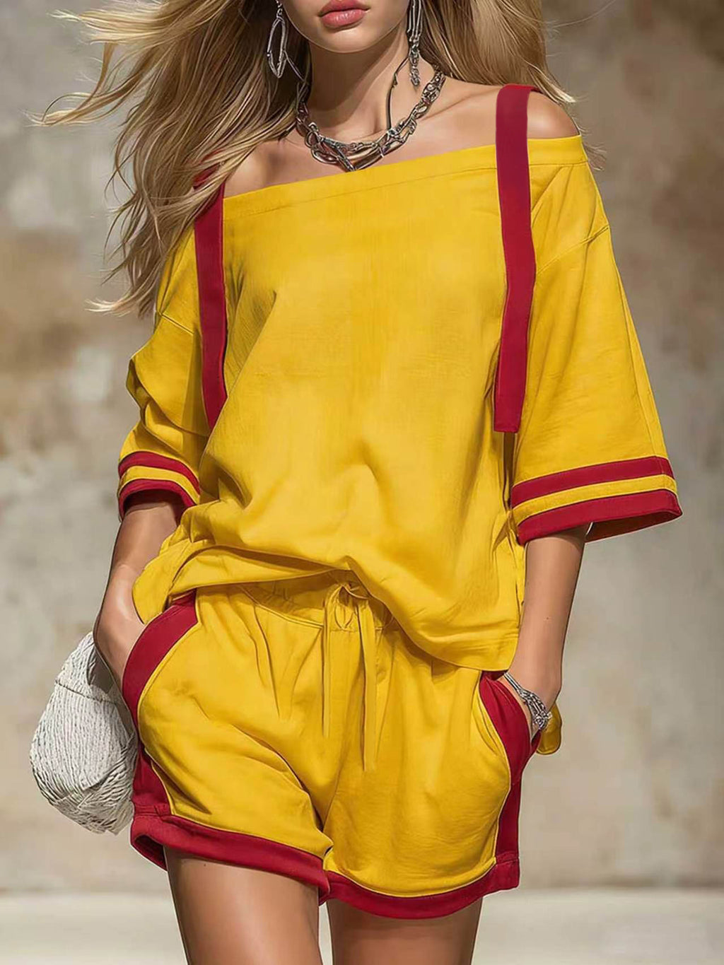 Varsity Stripe Off Shoulder Lounge Set - Yellow