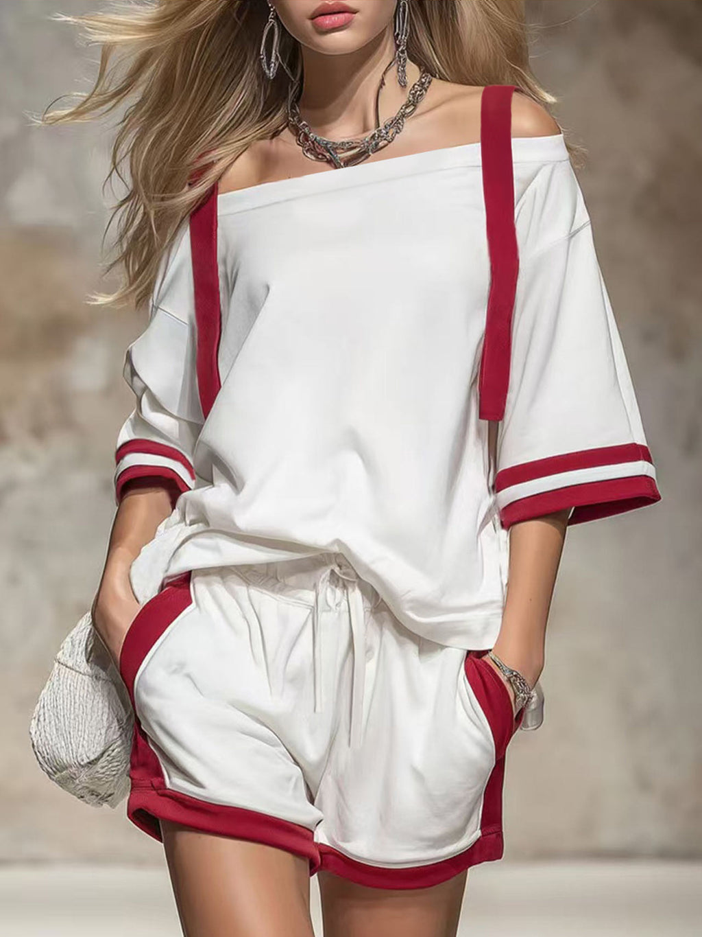 Varsity Stripe Off Shoulder Lounge Set