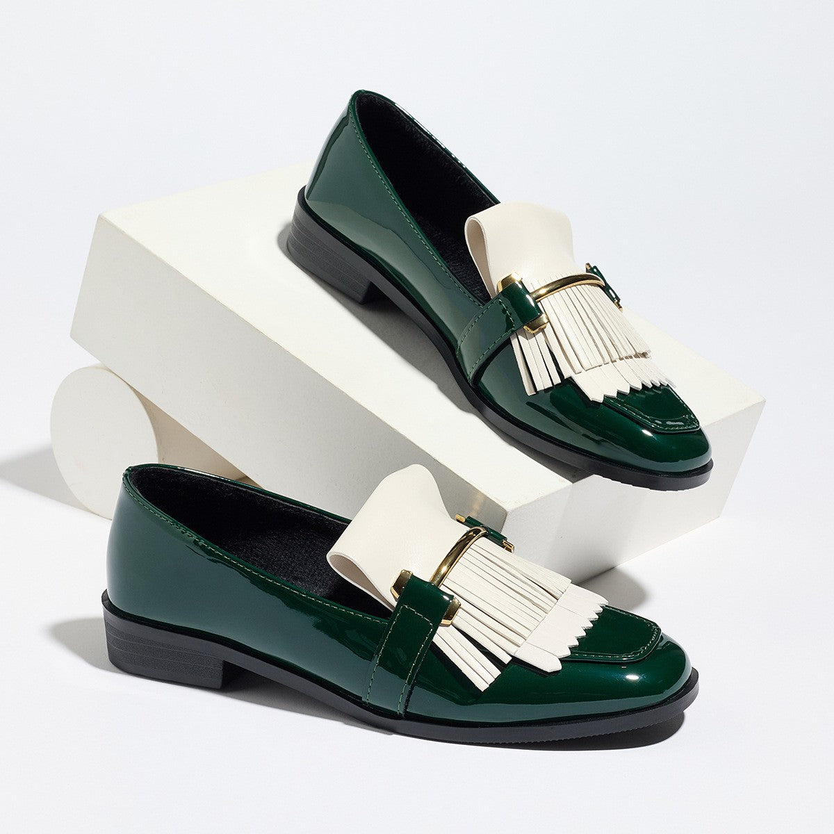 Two-Tone Patent Fringe Loafers - Forest Green