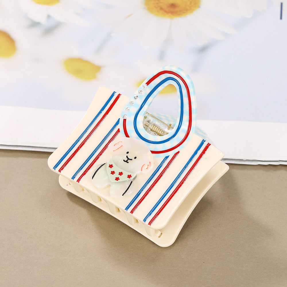 Cartoon Bear Stripe Print Claw Clip - OffWhite
