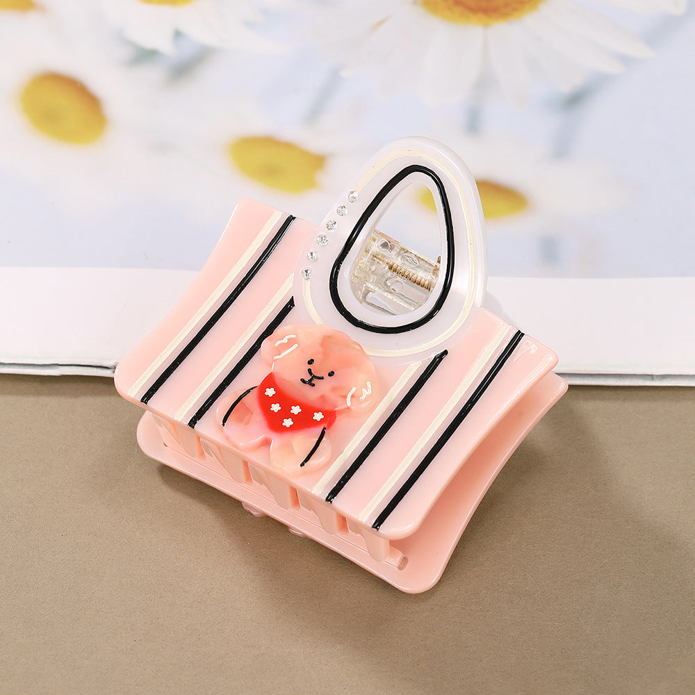 Cartoon Bear Stripe Print Claw Clip - Pink