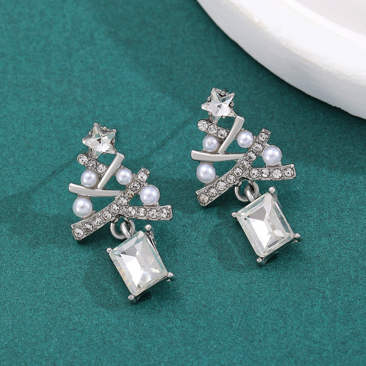 Rhinestone Christmas Tree Drop Earrings - C10