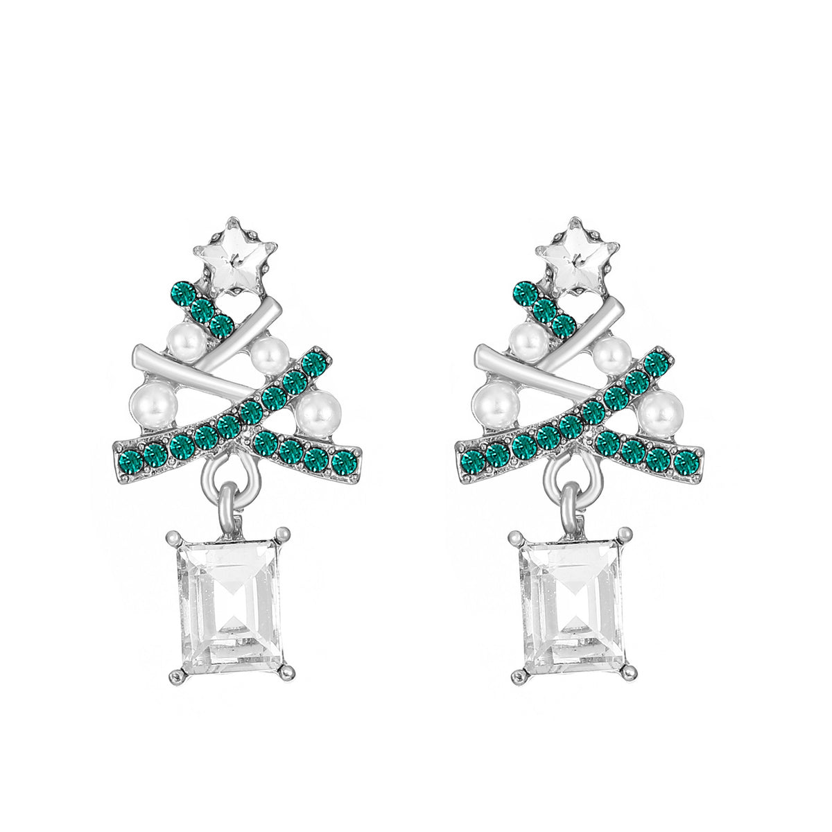 Rhinestone Christmas Tree Drop Earrings - C7