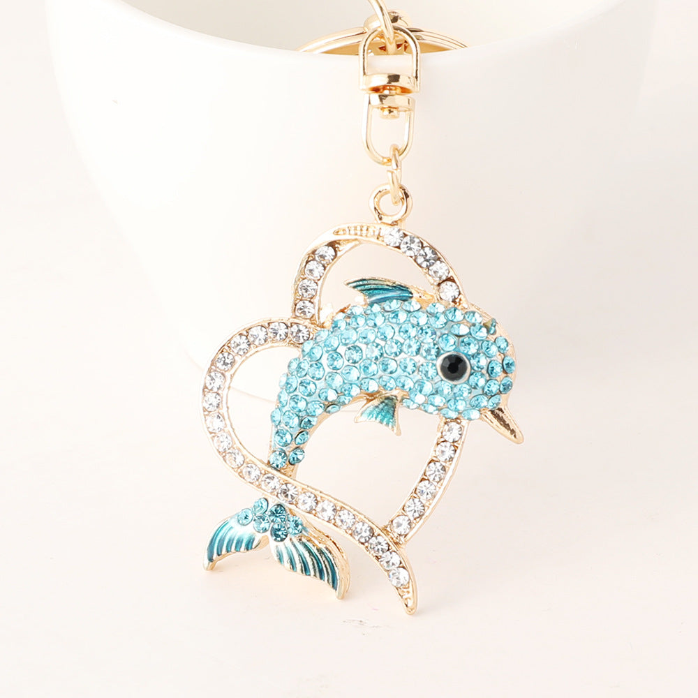 Crystal Dolphin Heart Keychain Bag Charm - Blue