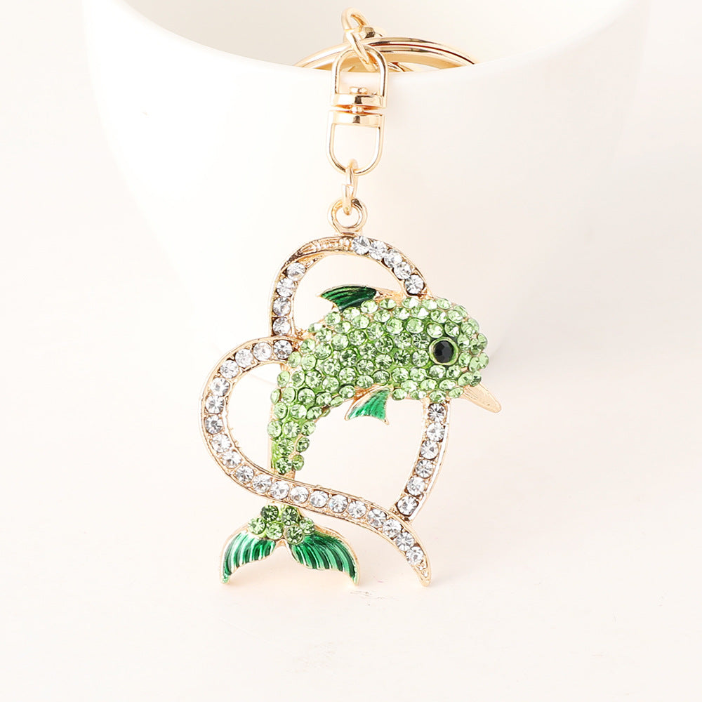 Crystal Dolphin Heart Keychain Bag Charm - Green