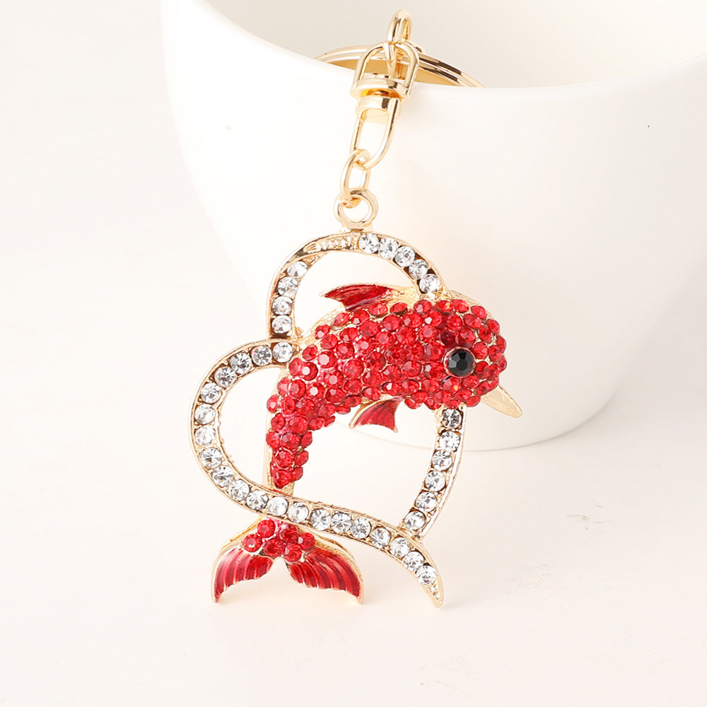 Crystal Dolphin Heart Keychain Bag Charm - Red