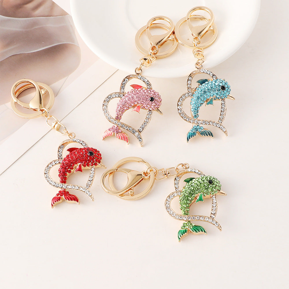 Crystal Dolphin Heart Keychain Bag Charm