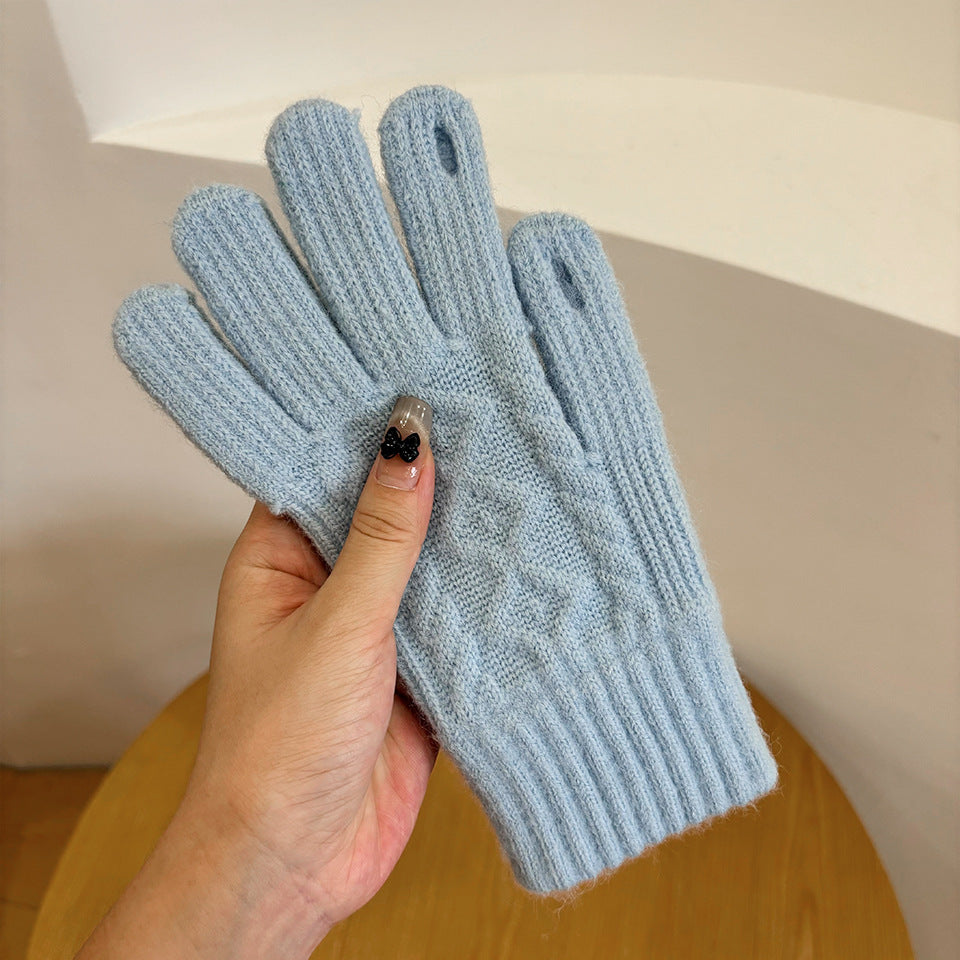 Cable Knit Gloves with Touchscreen Finger Slits - Blue