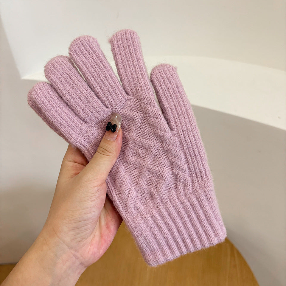 Cable Knit Gloves with Touchscreen Finger Slits - Purple