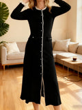 Contrast Trim Button Front Knit Midi Dress - Black