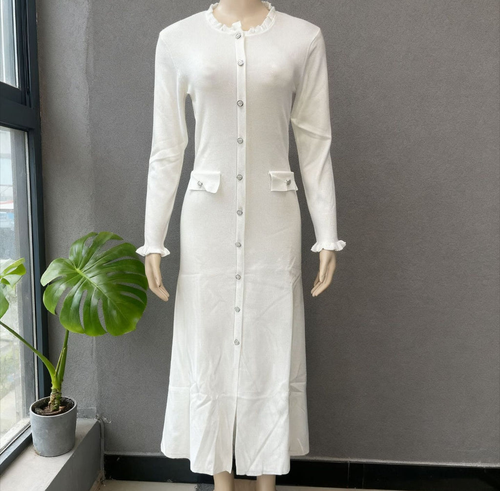 Contrast Trim Button Front Knit Midi Dress - White