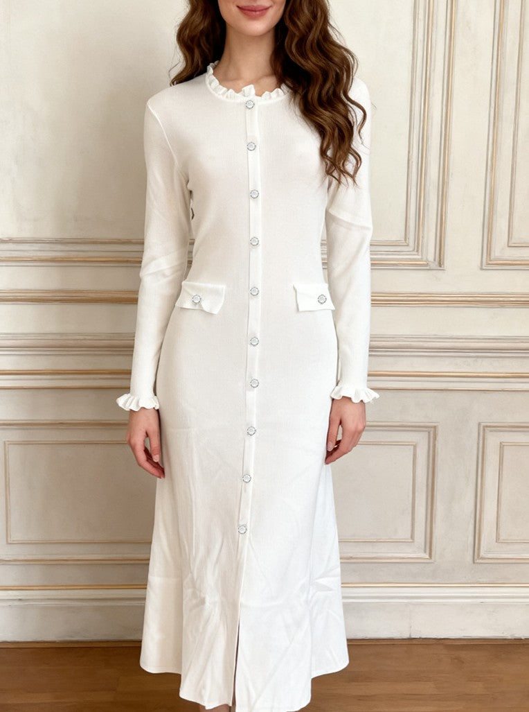 Contrast Trim Button Front Knit Midi Dress - White - 1