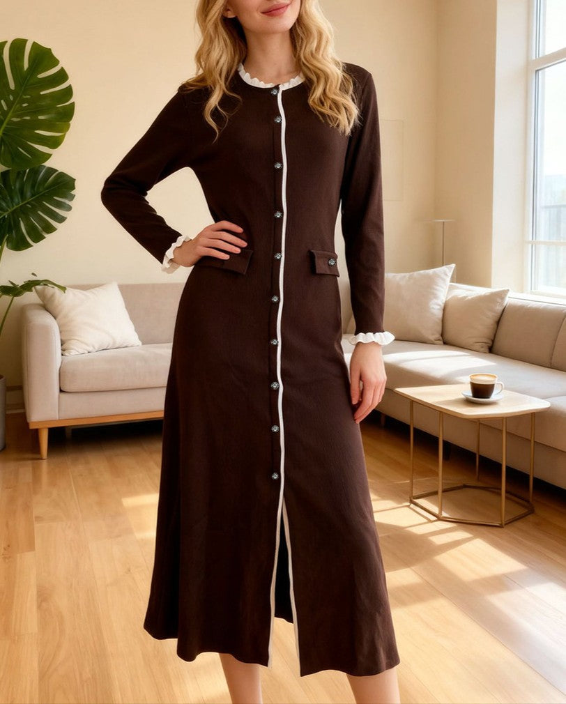 Contrast Trim Button Front Knit Midi Dress